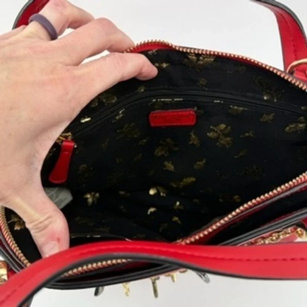 Betsey Johnson Red Satchel Bag with Charms‎ Top Handle Crossbody Gold Hardware